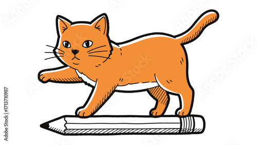 Cat on Pencil: Playful orange cat balances on a pencil, its pose exuding charm. The whimsical cartoon design with an adorable cat showcases a blend of creativity and cuteness.