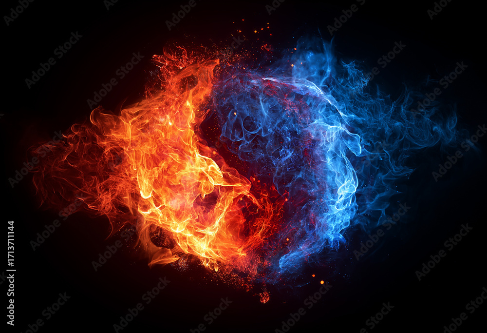 Fototapeta premium A dramatic collision of vibrant red fire and electric blue energy particles forming a spherical shape with intense light and motion