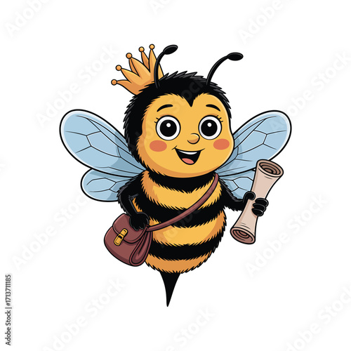 Cute Cartoon Bee with Crown Holding Scroll Ready to Deliver Important Messages for Educational and Childrens Content