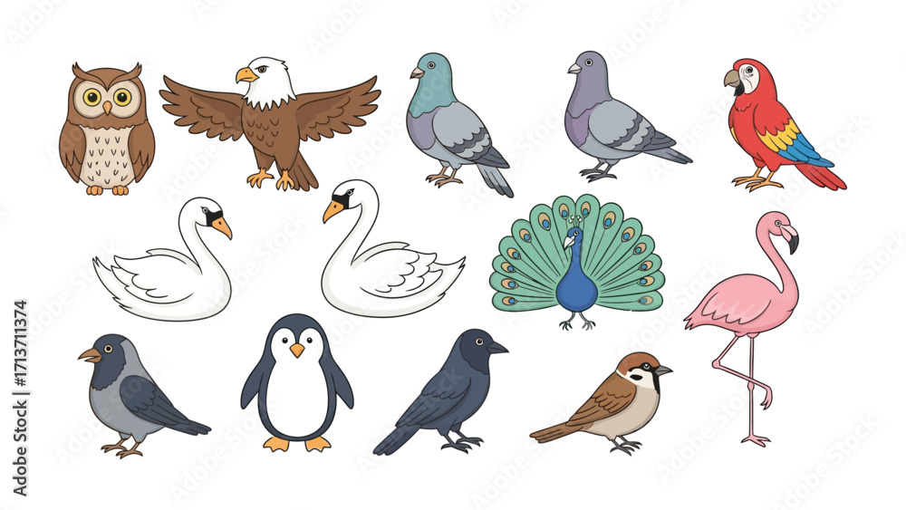 Obraz premium Feathered Friends: A colorful collection of birds in a charming illustrated style, showcasing the diversity of avian life.