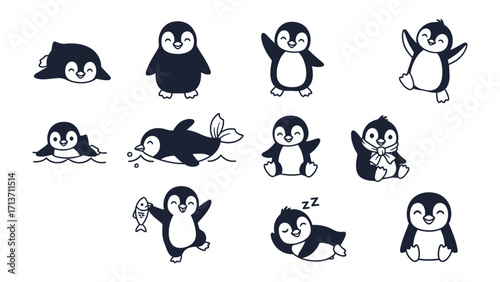 Playful Penguin Collection: A delightful assortment of cartoon penguins showcasing various adorable poses, from swimming and waving to fishing and relaxing, perfect for adding charm to your projects.