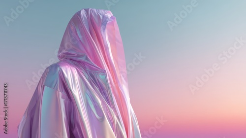 Mysterious figure covered in flowing iridescent holographic fabric