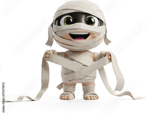 Adorable cartoon mummy unwrapping bandages, cute halloween character with big eyes and a happy smile