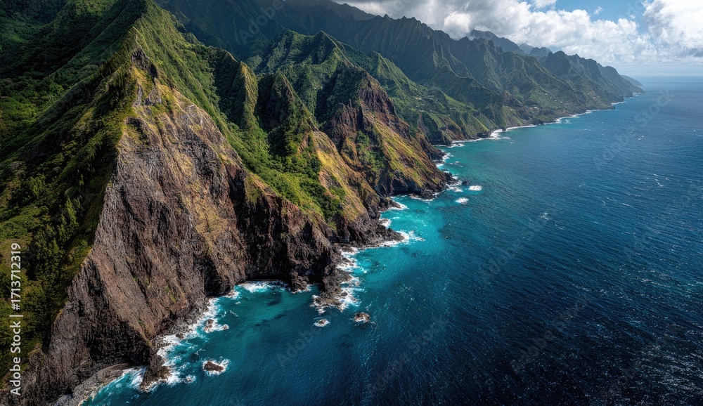Fototapeta premium Dramatic coastal cliffs, lush tropical vegetation, and azure ocean meet in a stunning aerial view
