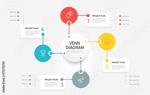 Venn diagram business infographic circle chart template 2,3,4 steps options, presentation with venn diagram elements vector illustration.