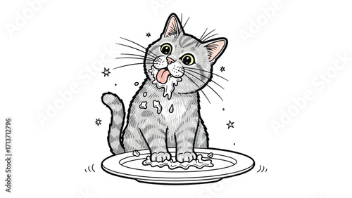 Whimsical Feline Feast: A playful illustration depicts a gray cat with a contented expression, its face and paws coated in milk from a nearby dish, creating a scene of culinary delight.