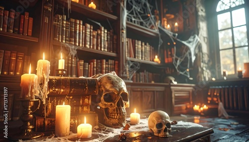 dusty old library with skulls and candles