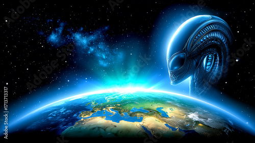 A futuristic alien head glows in the cosmic sky, 
watching over Earth with mysterious energy, blending sci-fi fantasy, 
space wonder, and extraterrestrial intrigue.
