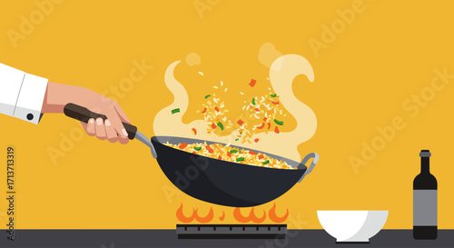 This flat design illustration captures a chef in action, skillfully tossing fragrant fried rice from a steaming wok, set against a clean kitchen backdrop. 