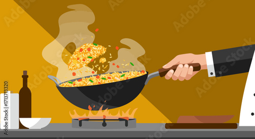 This flat design illustration captures a chef in action, skillfully tossing fragrant fried rice from a steaming wok, set against a clean kitchen backdrop. 