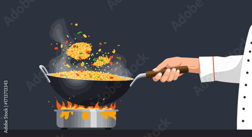 This flat design illustration captures a chef in action, skillfully tossing fragrant fried rice from a steaming wok, set against a clean kitchen backdrop. 