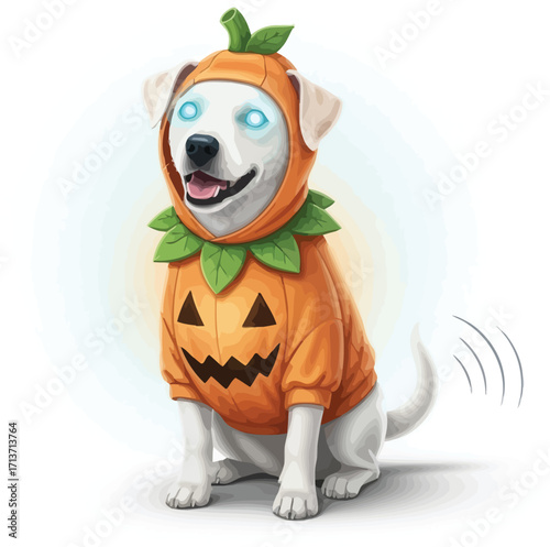 Cute dog wearing a pumpkin costume a funny pet dressed up for halloween, ready for trickortreating and spooky fun