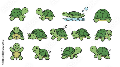 Happy Turtle: A collection of charming cartoon turtles is shown, exuding joy and playfulness. Capturing their cheerful attitude.