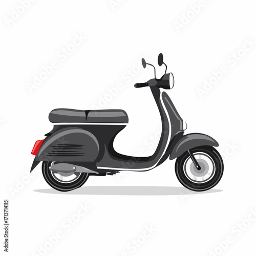 Black scooter parked on clean white surface showing vintage style and simple transportation with a retro and minimalist aesthetic.