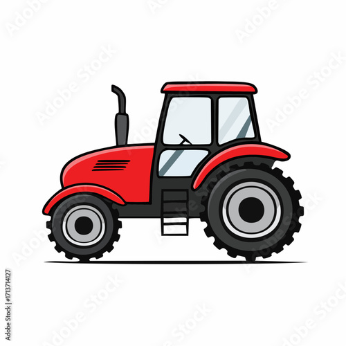 Red tractor sits idle in a sunny field, ready for a day's work harvesting crops with its powerful engine and sturdy wheels, symbolizing rural life.