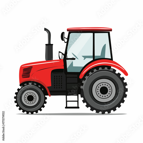 Red tractor stands stationary on white backdrop, showcasing its sturdy build and rural charm, evoking a sense of agricultural reliability.