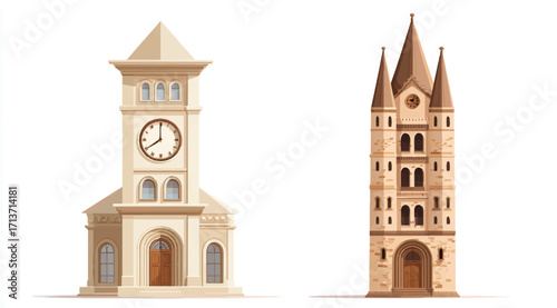 Architectural Illustration of Two Unique Church or Tower Designs against a White Background Graphic Art Style