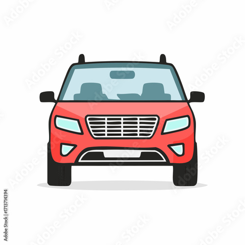 Red suv faces forward on white backdrop, showcasing its clean lines and modern aesthetic, conveying a sense of simple transportation.