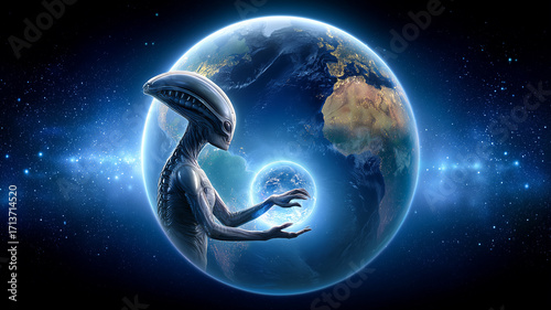 A futuristic alien holds a glowing Earth within a cosmic sphere, symbolizing power,
 mystery, and the boundless imagination of science fiction fantasy art.