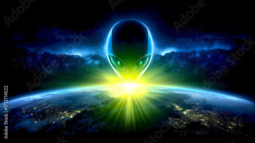 A mysterious alien face emerges above Earth with glowing cosmic light, symbolizing extraterrestrial presence, sci-fi mystery, and outer space exploration.