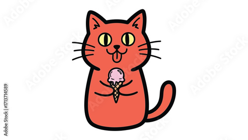 Cat Delights: A cute cartoon cat, bright-eyed and full of glee, savors the deliciousness of a strawberry ice cream cone. 