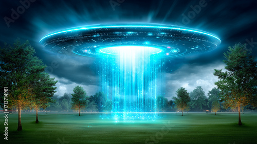 A glowing UFO hovers over snowy mountain peaks under a cosmic night sky, blending sci-fi mystery with breathtaking fantasy landscape and futuristic allure.

