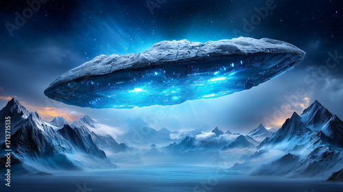 A glowing UFO hovers over snowy mountain peaks under a cosmic night sky, blending sci-fi mystery with breathtaking fantasy landscape and futuristic allure.
