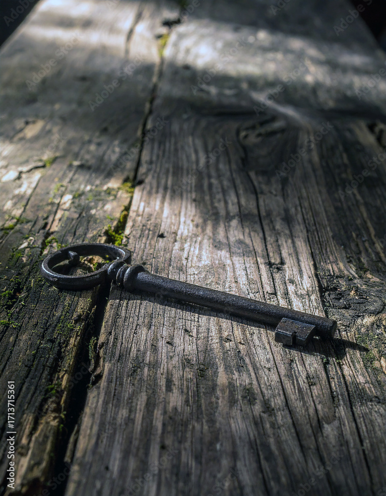 Obraz premium Antique Key on Weathered Table: An old-fashioned iron key rests on a rustic wooden surface, casting a dramatic shadow in this still life. Capturing a sense of history, mystery, and secrets.