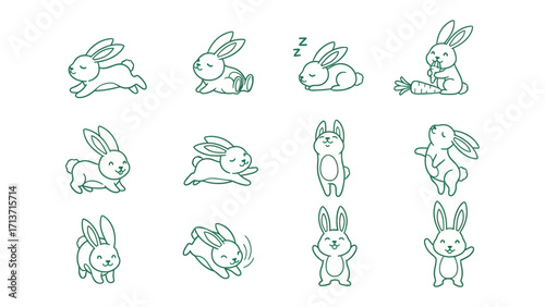 Bunny Collection: A charming collection of adorable, expressive cartoon bunnies illustrated with clean, minimalist line art, each bunny portraying a unique action and emotion.