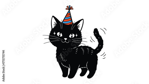 Black Cat's Celebration: An adorable cartoon illustration of a charming black cat joyfully celebrating a birthday, complete with a festive party hat, creating a whimsical and playful ambiance. 