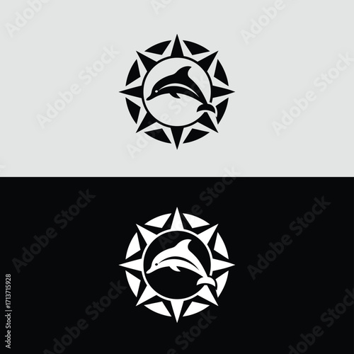 Elegant dolphin logo design featuring a compass rose, perfect for travel, adventure, or nautical themes isolated on white background ideal for branding, marketing, and creative projects