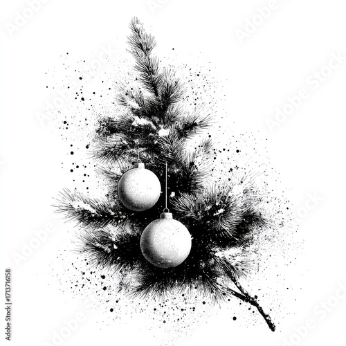 Monochrome illustration of a stylized pine branch with two ornaments, rendered in a splattered ink style