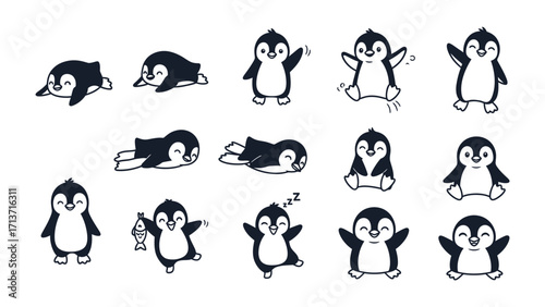 Penguin Cartoon in a Range of Poses: A delightful collection of cartoon penguins showcase a spectrum of expressive poses, from playful to serene, in this charming illustration.