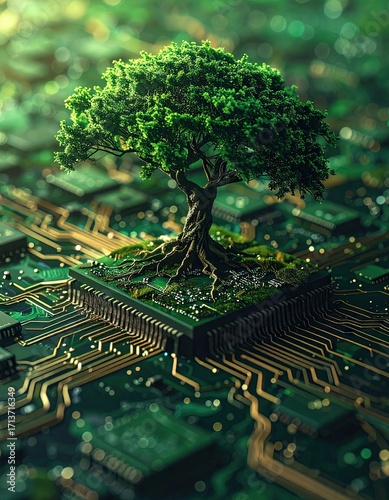 Sustainable Technology, Green Tree on Circuit Board, Eco-Friendly Innovation, Future of Computing, Nature and Technology Combined, Digital Growth.