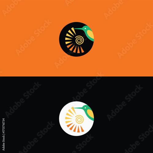 Hummingbird logo design featuring a stylized bird with a spiral sun, available in colorful and monochrome versions, perfect for representing nature, energy, and positive transformation