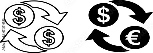 Currency Exchange Icon Vector Illustration. Concept of Foreign Exchange, International Trade, Financial Decision Outline, and Filled Icon 