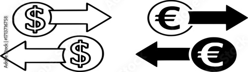 Currency Exchange Icon Vector Illustration. Concept of Foreign Exchange, International Trade, Financial Decision Outline, and Filled Icon 