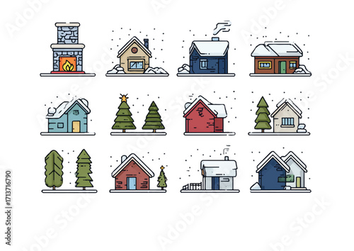 Charming Collection of Winter Houses and Trees with Fireplace Illustration Ideal for Holiday Season Projects and Designs