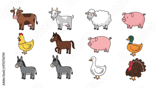 Farm animal illustrations: A vibrant collection of farm animal illustrations, ideal for educational or playful designs, with a focus on animals commonly found on farms.