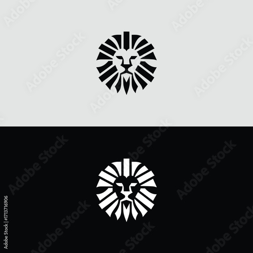 Lion head logo design in black and white, showcasing a minimalist and modern aesthetic, perfect for branding and symbol applications, isolated on white background