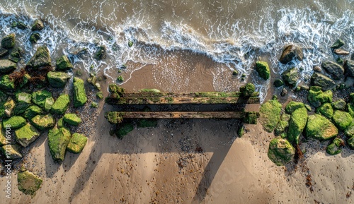 Coastal rocks and wooden groyne.  Aerial view of mossy rocks, sandy beach, and a weathered wooden groyne at the water's edge