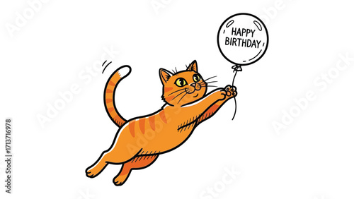 Whimsical Feline Celebration: An adorable illustration of a ginger cat joyfully soaring, clutching a festive balloon bearing the message Happy Birthday.