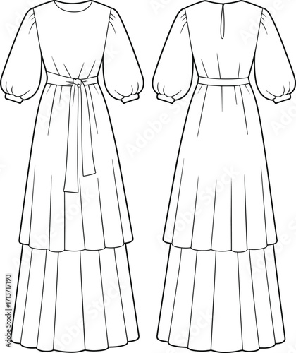 Maxi tiered dress fashion technical flat, long sleeve design template, front and back cad sketch for garment designers.
