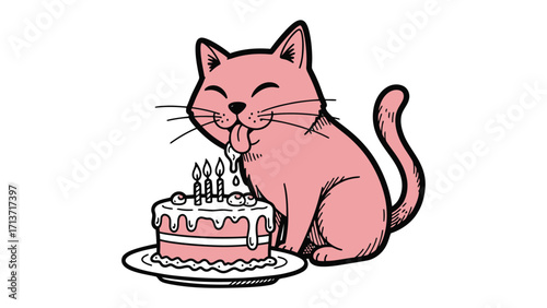 Birthday Cat Craving Cake: An adorable cartoon cat with a sweet tooth joyfully anticipates its birthday treat, a delicious cake adorned with candles.