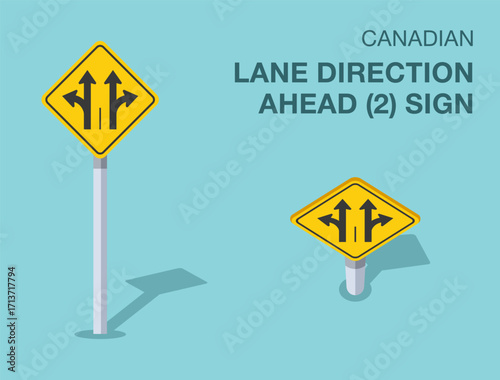 Traffic regulation rules. Isolated canadian "lane direction ahead" (2) road sign. Front and top view. Flat vector illustration template.