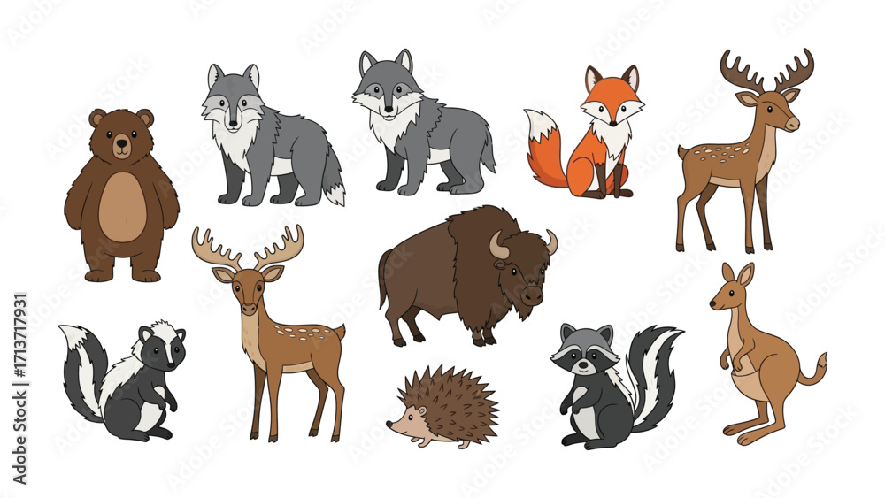 Fototapeta premium Forest Animal Cartoon Set : A vibrant illustration collection of adorable forest animals, each depicted with playful charm.