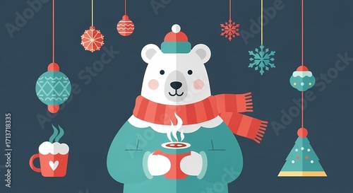 Cute Polar Bear Holding a Cup of Warm Drink Surrounded by Holiday Decorations