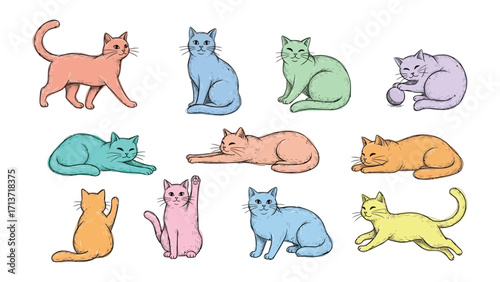 Charming Cat Collection: A whimsical assortment of cats in vibrant colors, each cat's unique pose and playful expression will bring joy to any artistic project. 