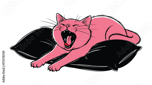 Pink cat on pillow: A charming, pink feline, yawning wide upon two black pillows, its expression and pose full of animated energy. A charming, animated style illustration.