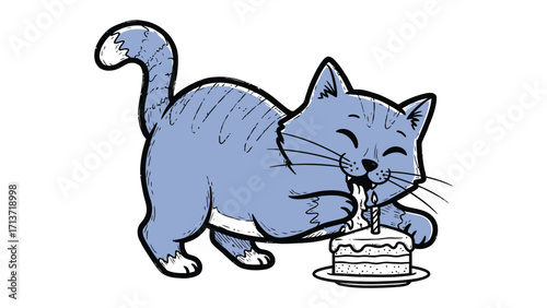 Cat with birthday cake: A whimsical illustration of a charming cat with a sweet tooth celebrating a birthday, joyfully nibbling on a piece of a delicious cake, with a single lit candle. 